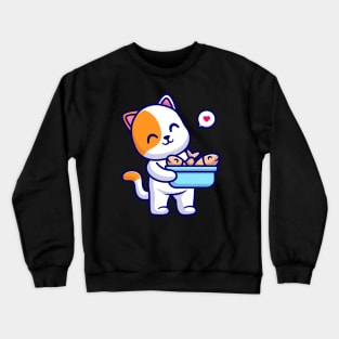 Cute Cat Bring Fish In Bucket Cartoon Crewneck Sweatshirt